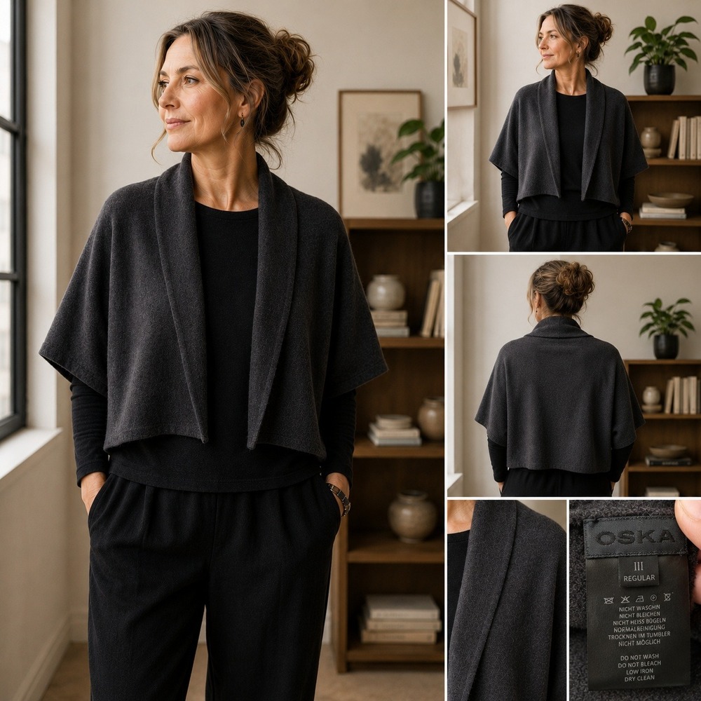 OSKA Boiled Wool Shrug Open Front Dolman Sleeve Size III Charcoal